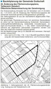 Öffentliche Bekanntmachen der Genehmigung 40. Änderung des Flächennutzungsplans, Teilbereich Gelsdorf - Gewerbegebietserweiterung